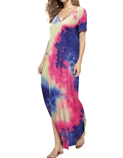 Foto 1 | Foto 1 | Vestido A Juego Con Cuello En V Casual Holgado Manga Corta Maxi Con Bolsillo - Venta Internacional.