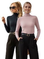 Set De 2 Sueteres Mujer De Cuello Alto Suet-1023-px2 Negro Y Rosa Algodon Sueteres Dama Sweaters