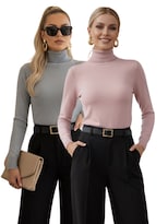 Set De 2 Sueteres Mujer De Cuello Alto Suet-1023-px2 Gris Claro Y Rosa Algodon Sueteres Dama Sweaters
