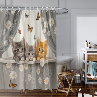 Foto 1 | Foto 1 | Cortina De Ducha Impermeable Con Diseño De Gatito Y Estampado Floral 180 X 180 Cm - Venta Internacional.