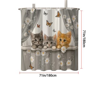 Foto 5 | Foto 5 | Cortina De Ducha Impermeable Con Diseño De Gatito Y Estampado Floral 180 X 180 Cm - Venta Internacional.