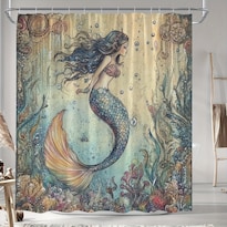 Cortina De Ducha Dreamy Mermaid Watercolor 180 X 200 Cm Con Ganchos - Venta Internacional.