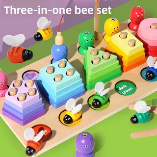 Foto 4 | Foto 4 | Juguete Montessori 3 en 1 de Madera Multicolor para Pescar Atrapar Abejas y Apilar - Venta Internacional