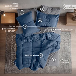 Foto 3 | Foto 3 | Set De Edredón Con Fundas Y Sábanas 7 Pzas Real Textil Azul - Gris King Size