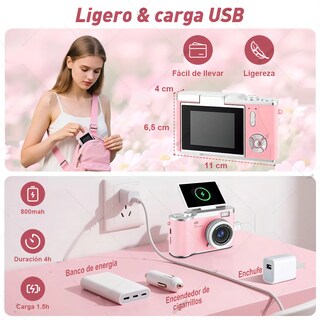 Foto 2 | Foto 2 | Cámara Digital Fotos De Video Con Voltear La Pantalla 180° Eo Safe Imports Esi-23755 Rosa