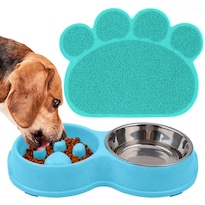Comedero Para Mascotas Fuxingone Azul De Acero Inoxidable Con Tapete Antideslizante Y Tazones Dobles