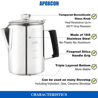Foto 7 | Foto 7 | Cafetera Apoxcon Plata De Acero Inoxidable Con Pomos De Vidrio Borosilicato Para Estufa Y Camping 9