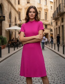 Foto 2 | Foto 2 | Vestido Casual Cuello Alto Rib Manga Corta Para Dama Genérica Modelo 66003 Color Fiusha Talla Ch