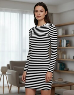 Foto 1 | Foto 1 | Vestido Casual De Dama Rib Rayas Manga Larga Rayas Moderno Genérica Modelo 60001 Color Blanco/negro Talla Ch