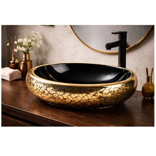 Foto 5 | Foto 5 | Lavabo Negro Dorado Cerámico Ovalín Moderno Lujo Ovalado