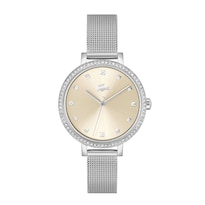 Reloj Lacoste Para Mujer Riga 2001488 Plateado Con Carátula Dorada Y Brazalete Mesh 3 Manecillas