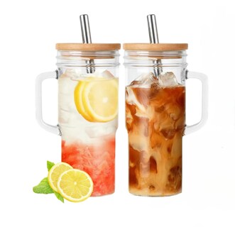 Foto 1 | Foto 1 | 2pc Vaso De Vidrio 24oz Con Tapa De Bambú Y Pajitas Modelo Transparente