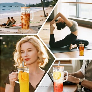 Foto 3 | Foto 3 | 2pc Vaso De Vidrio 24oz Con Tapa De Bambú Y Pajitas Modelo Transparente