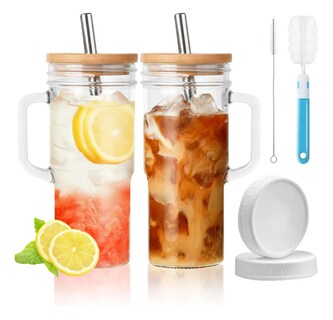 Foto 4 | Foto 4 | 2pc Vaso De Vidrio 24oz Con Tapa De Bambú Y Pajitas Modelo Transparente