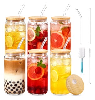 Foto 1 | Foto 1 | Vasos Lata Vidrio Con Tapas Bambú Popote Juego De 6 Piezas Modelo Transparente