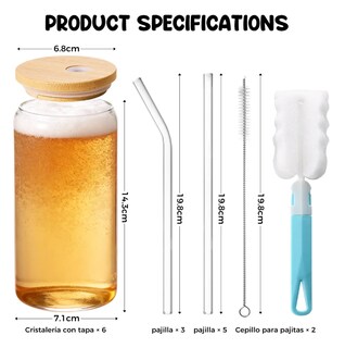 Foto 2 | Foto 2 | Vasos Lata Vidrio Con Tapas Bambú Popote Juego De 6 Piezas Modelo Transparente