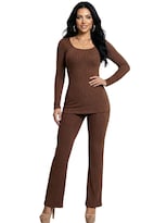 Conjunto 2 Piezas Blusa Manga Larga Y Pantalón Acanalado Conj-0117 Café Elegante Casual Para Mujer
