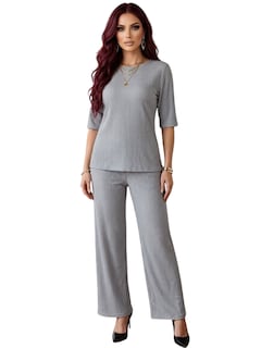 Foto 1 | Foto 1 | Conjunto 2 Piezas Blusa Y Pants Casual Elegante Conj-0129 Gris Súper Cómodo Tejido Canalé Para Mujer