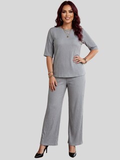 Foto 2 | Foto 2 | Conjunto 2 Piezas Blusa Y Pants Casual Elegante Conj-0129 Gris Súper Cómodo Tejido Canalé Para Mujer