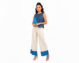 Pantalón Dividido A Ángelozano Al-w73 Arena De Lino Con Detalle Azul | Corte Amplio Elegante