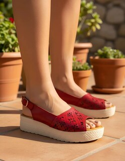 Foto 2 | Foto 2 | Sandalia Enco Footwear Rojo Piel Vacuno Plataforma 4.5 Cm Corte Láser Con Hebilla Para Mujer