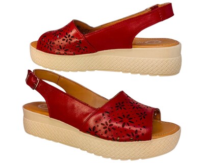 Foto 3 | Foto 3 | Sandalia Enco Footwear Rojo Piel Vacuno Plataforma 4.5 Cm Corte Láser Con Hebilla Para Mujer