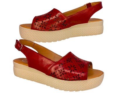 Foto 4 | Foto 4 | Sandalia Enco Footwear Rojo Piel Vacuno Plataforma 4.5 Cm Corte Láser Con Hebilla Para Mujer