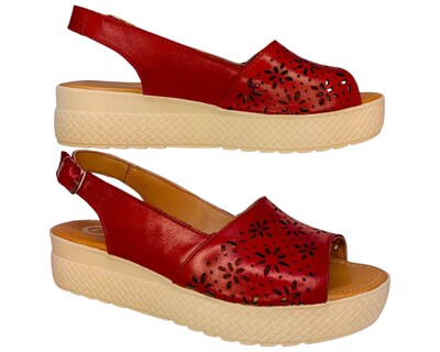 Foto 5 | Foto 5 | Sandalia Enco Footwear Rojo Piel Vacuno Plataforma 4.5 Cm Corte Láser Con Hebilla Para Mujer