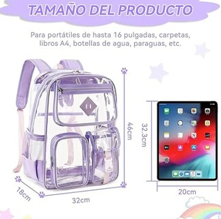 Foto 2 | Foto 2 | Mochila Transparente Escolar Pvc Impermeable 16” Modelo Morado