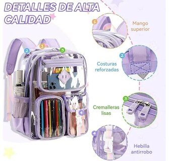 Foto 3 | Foto 3 | Mochila Transparente Escolar Pvc Impermeable 16” Modelo Morado