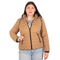 Chamarra Greenlander Capitonada Plus Size Para Mujer Con Cuello Alto Y Gorro Desmontable Beige