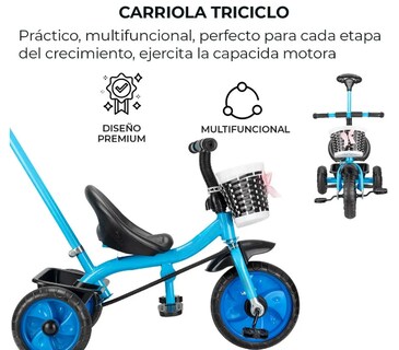 Foto 3 | Foto 3 | Carriola Triciclo Infantil Con Bastón Direccional Modelo Azul
