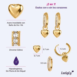 Foto 4 | Foto 4 | Aretes Luckyly Zaya Aretes 2 En 1 Tipo Arracadas Corazón Acero Inoxidable Baño Oro Rosa 14k Oro 14k O Plata Y Zirconia Cúbica