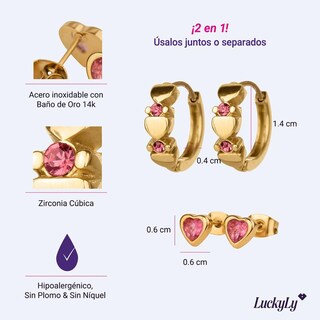 Foto 5 | Foto 5 | Aretes Luckyly Yani Y Ziva Set De Regalo 2 En 1 De Arracadas Y Broqueles Acero Inoxidable Baño Oro 14k Y Zirconia Cúbica