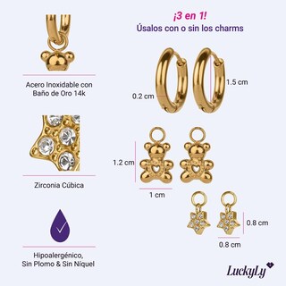 Foto 4 | Foto 4 | Aretes Luckyly Caty Set 3 En 1 Arracadas Y Charms Acero Inoxidable Baño Oro 14k Zirconia Cúbica Y Perlas
