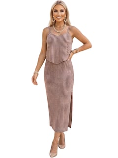 Foto 1 | Foto 1 | Conjunto 2 Piezas Rayado Blusa De Tirantes Y Falda Larga Con Abertura Conj-0136 Rosa Chic Para Mujer