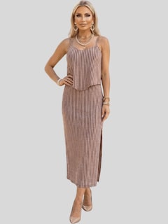 Foto 2 | Foto 2 | Conjunto 2 Piezas Rayado Blusa De Tirantes Y Falda Larga Con Abertura Conj-0136 Rosa Chic Para Mujer