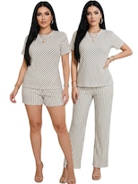Conjunto 3 Piezas Blusa Casual Con Short Y Pantalón A Rayas Conj-126 Blanco Outfit Versátil Y Cómodo Para Mujer