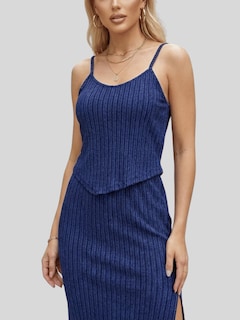 Foto 5 | Foto 5 | Conjunto 2 Piezas Rayado Blusa De Tirantes Y Falda Larga Con Abertura Conj-0136 Marino Chic Para Mujer