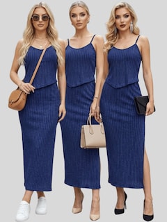 Foto 6 | Foto 6 | Conjunto 2 Piezas Rayado Blusa De Tirantes Y Falda Larga Con Abertura Conj-0136 Marino Chic Para Mujer