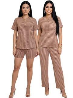 Foto 1 | Foto 1 | Conjunto 3 Piezas Blusa Casual Con Short Y Pantalón A Rayas Conj-126 Coral Outfit Versátil Y Cómodo Para Mujer