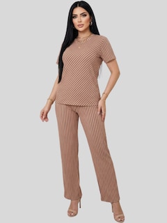 Foto 2 | Foto 2 | Conjunto 3 Piezas Blusa Casual Con Short Y Pantalón A Rayas Conj-126 Coral Outfit Versátil Y Cómodo Para Mujer