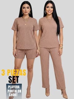 Foto 5 | Foto 5 | Conjunto 3 Piezas Blusa Casual Con Short Y Pantalón A Rayas Conj-126 Coral Outfit Versátil Y Cómodo Para Mujer