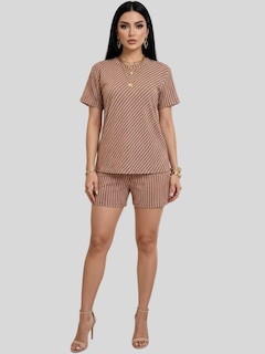 Foto 6 | Foto 6 | Conjunto 3 Piezas Blusa Casual Con Short Y Pantalón A Rayas Conj-126 Coral Outfit Versátil Y Cómodo Para Mujer