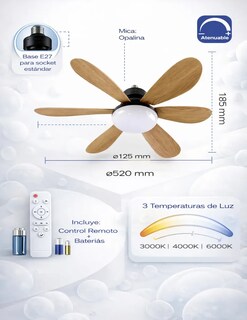 Foto 6 | Foto 6 | Ventilador Foco Led 6 Aspas Tipo Madera E27 Con Control Remo 52 Cm Madera Plástico 6