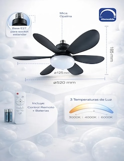 Foto 6 | Foto 6 | Ventilador Foco Led 6 Aspas E27 Con Control Remoto Cityluz 12.5 Cm Negro