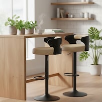 Juego de 2 Taburetes Yatahome Beige de Bar Ajustables Giratorios Asiento PVC Respaldo Madera Curvada para Cocina