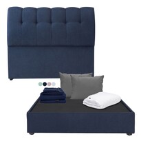 Cabecera Dicasa Milan Azul Queen Size + Base Cama + Almohada 2 Pack + Protector Cloud + Sábanas Softy