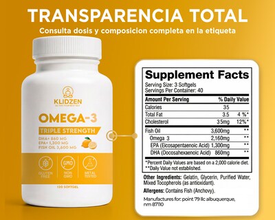 Foto 6 | Foto 6 | Suplemento Omega 3 Klidzen Amarillo 3600 Mg Epa 1300 Mg Dha 860 Mg 120 Cápsulas Softgel Sabor Limón