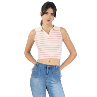 Foto 1 | Foto 1 | Playera Tejida Con Cuello Polo Y Rayas Forever 21 Durazno Para Mujer